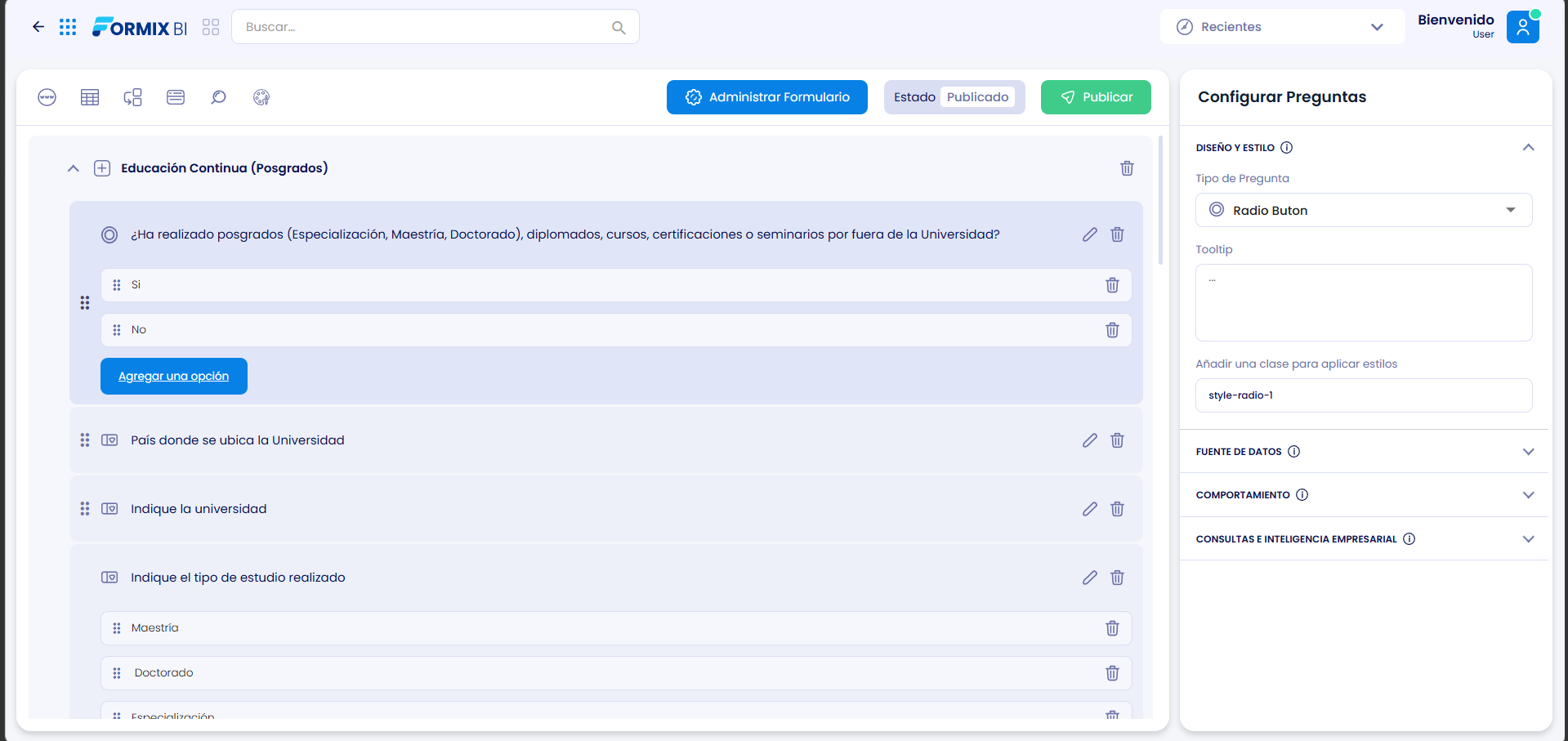 FormixBI form builder: the nested questions of a continuing-education form beside the panel for question type, data source, and behaviour.