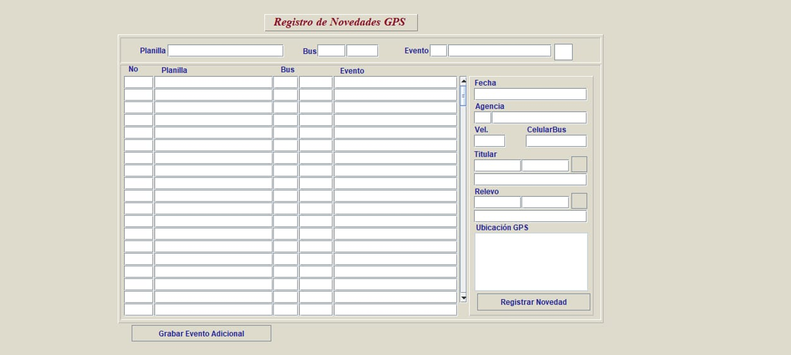 The "Registro de Novedades GPS" form in Oracle Forms, in its original desktop interface.