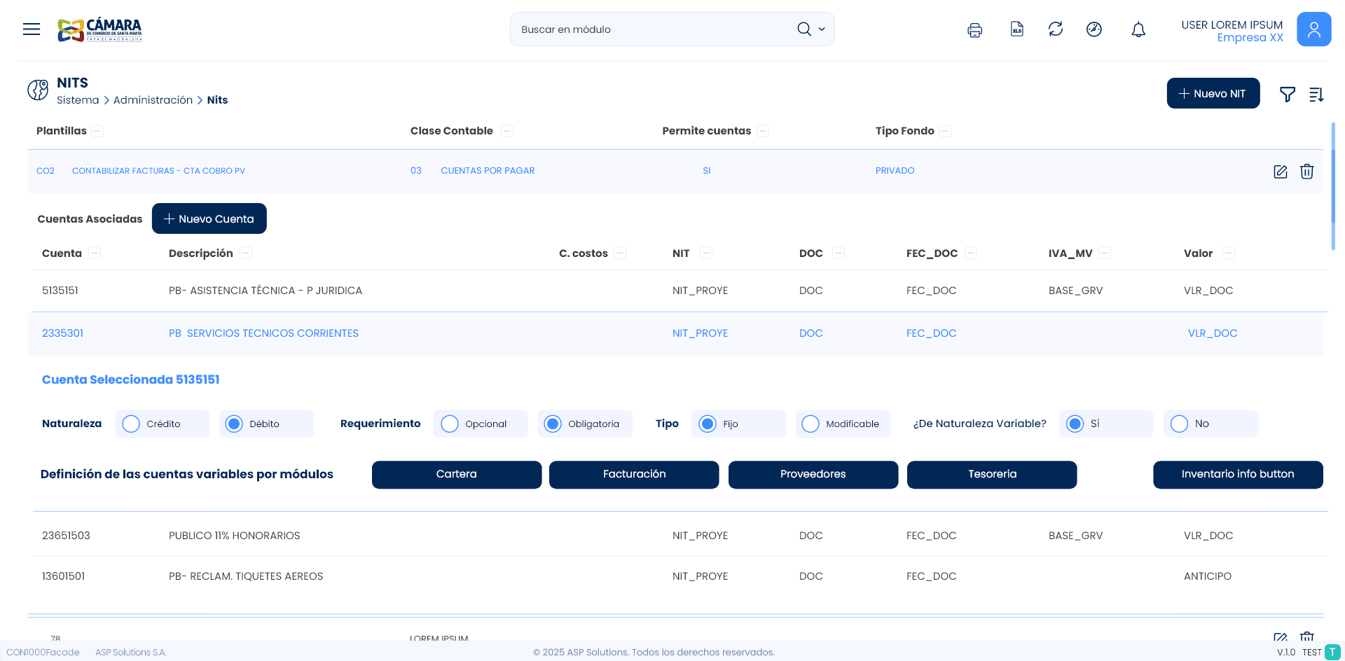 JSP7 NITS module: the accounting template table, its linked accounts, and the per-module variable account definition.